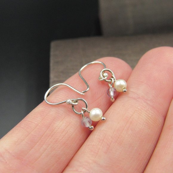 Sterling Silver Tiny Pearl Dangle Earrings Vintage - Picture 2 of 4